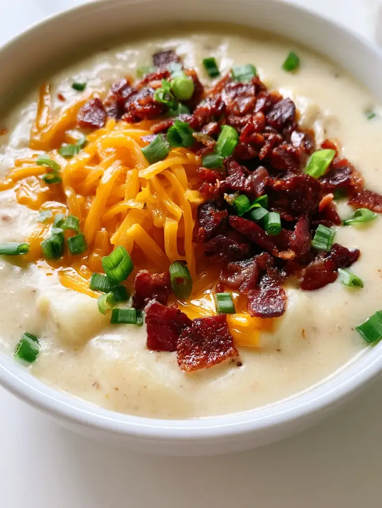 Loaded Potato Soup: The Ultimate Creamy Comfort Food 1 Close-up shot of crispy dark reddish-brown bacon and bright green scallions on top of a pale ivory Loaded Potato Soup.