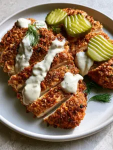 Slices of Air Fryer Dill Pickle Chicken served on a matte white plate with visible crunchy textures and herb flecks.