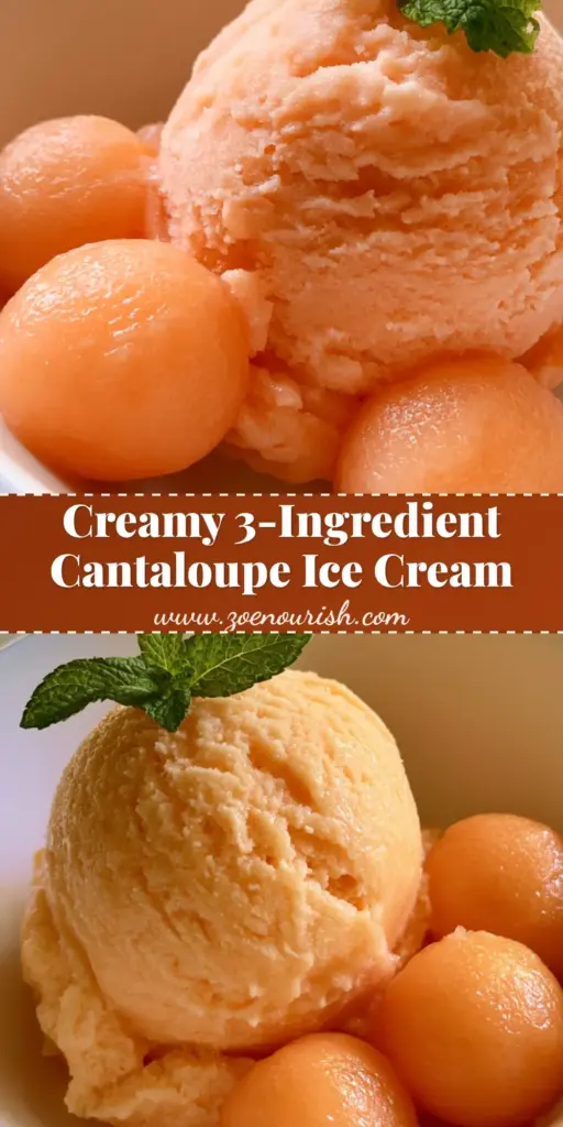 Cantaloupe Ice Cream: The Most Refreshing Churned Summer Scoop 3 A professional Pinterest pin showcasing a single scoop of pale orange Cantaloupe Ice Cream in a white bowl with mint and melon balls.