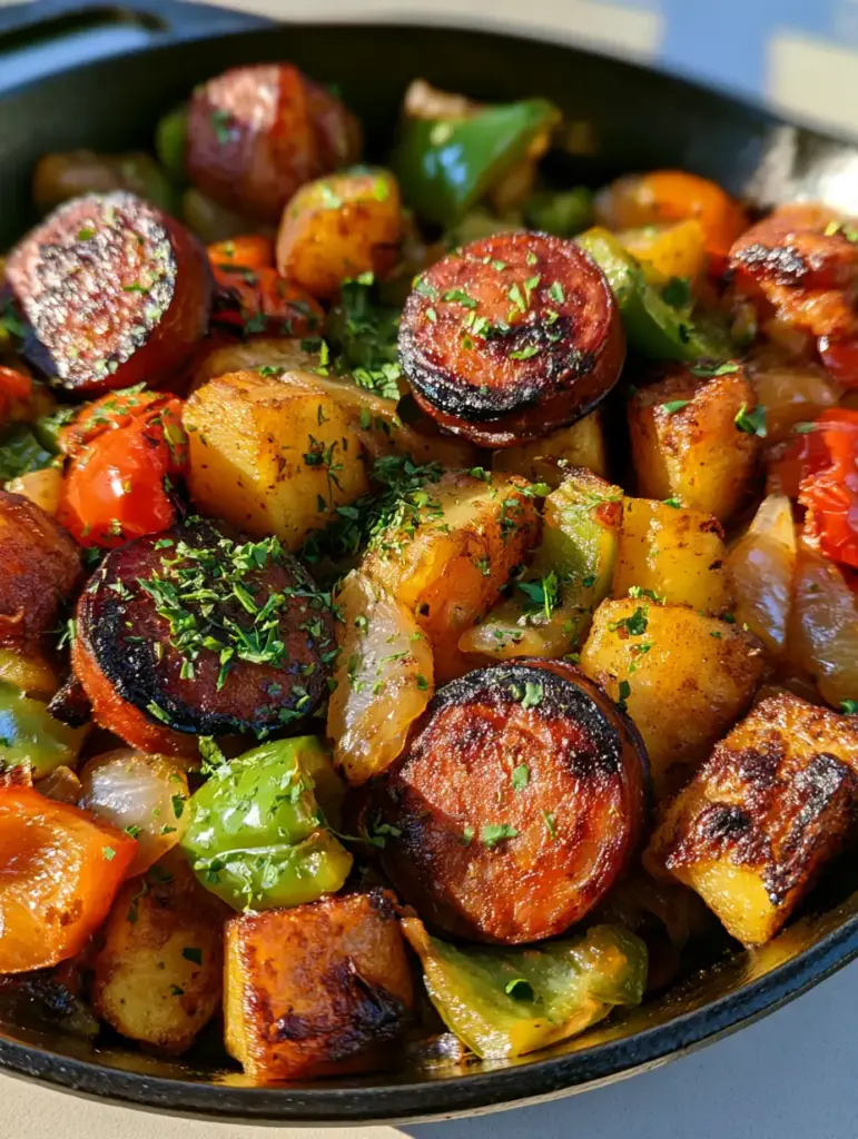 Smoked Sausage and Potato Skillet: The Ultimate One-Pan Comfort Meal 1 A handheld smartphone photo showing the vibrant red and green peppers in a Smoked Sausage and Potato Skillet.