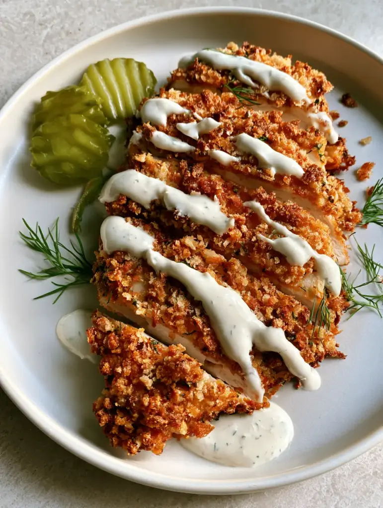 Air Fryer Dill Pickle Chicken: The Ultimate Crispy & Tangy Recipe 1 Close up of Air Fryer Dill Pickle Chicken showing the creamy white dill ranch zigzag and bright green dill sprigs.