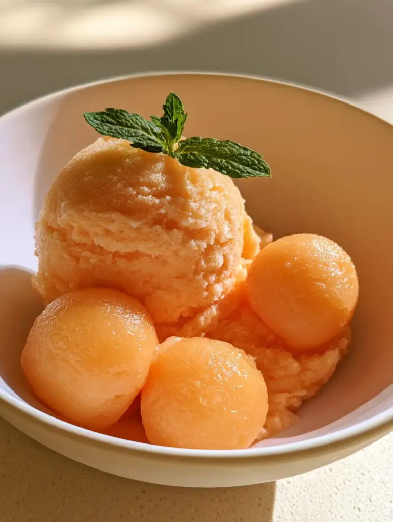 A single large scoop of pale orange Cantaloupe Ice Cream with a matte frozen texture in a white ceramic bowl.