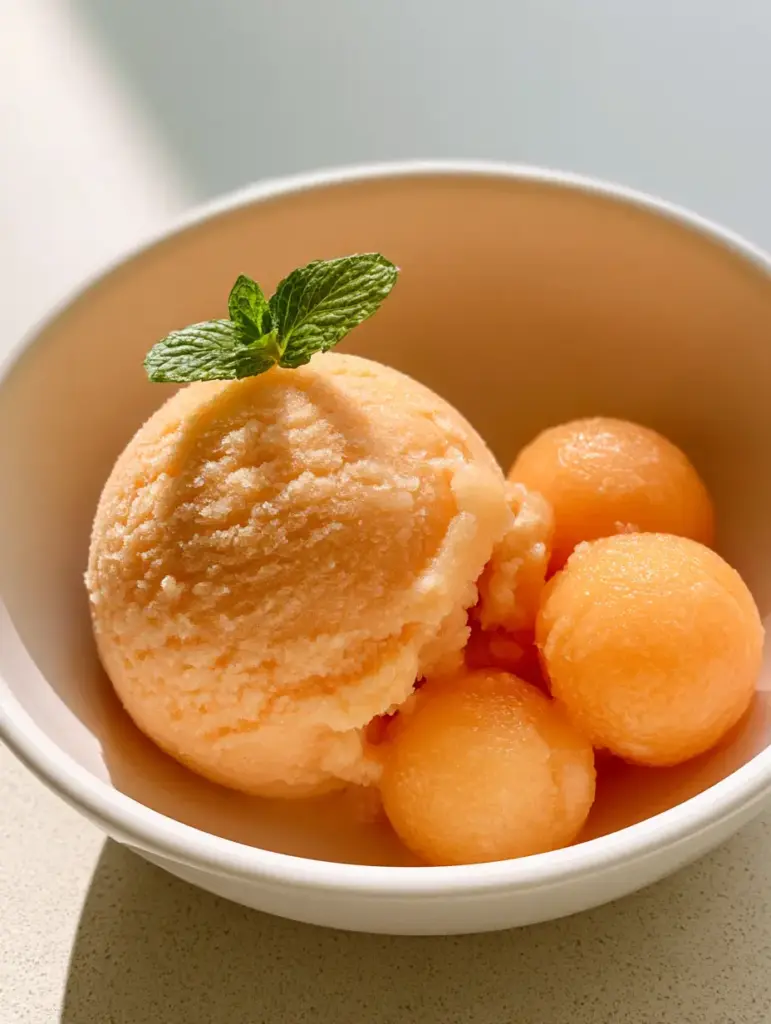 Cantaloupe Ice Cream: The Most Refreshing Churned Summer Scoop 1 Close up of Cantaloupe Ice Cream garnished with fresh mint and three juicy cantaloupe melon balls.