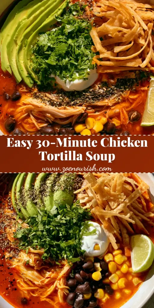 Easy Chicken Tortilla Soup: The Ultimate 30-Minute Dinner 3 A top-down view of Easy Chicken Tortilla Soup in a white bowl garnished with avocado, sour cream, and tortilla strips.