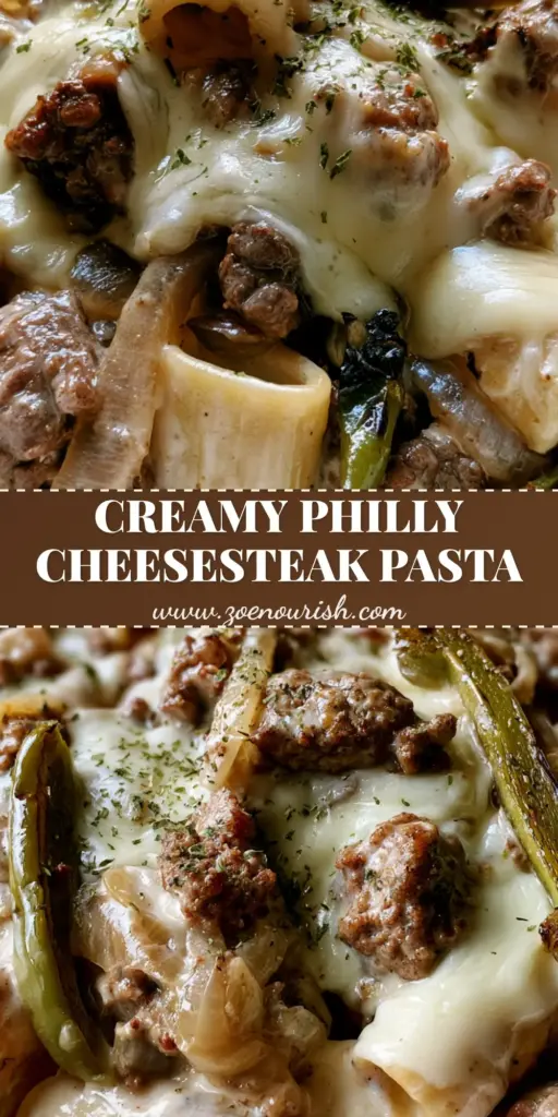 Philly Cheesesteak Pasta with Creamy Provolone Sauce 4 A close-up vertical shot of Philly Cheesesteak Pasta featuring large rigatoni noodles, browned beef crumbles, charred green peppers, and a thick, stretchy mozzarella cheese melt with dried parsley flakes.