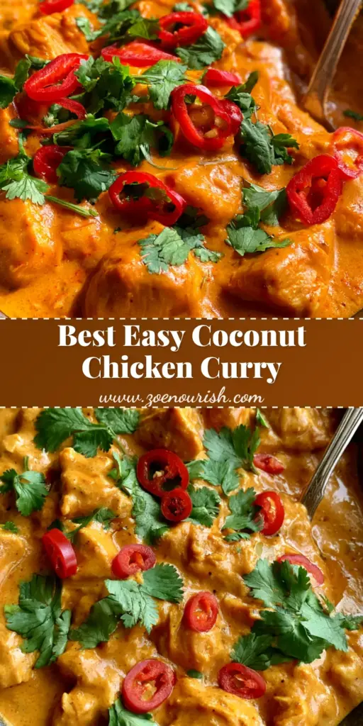 Coconut Chicken Curry: Creamy, One-Pot 30-Minute Dinner 3 A top-down view of Coconut Chicken Curry in a dark metal bowl, garnished with red chilies and cilantro leaves.