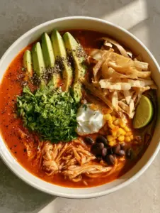 Close up of vibrant reddish-orange broth in Easy Chicken Tortilla Soup with visible black beans and corn.