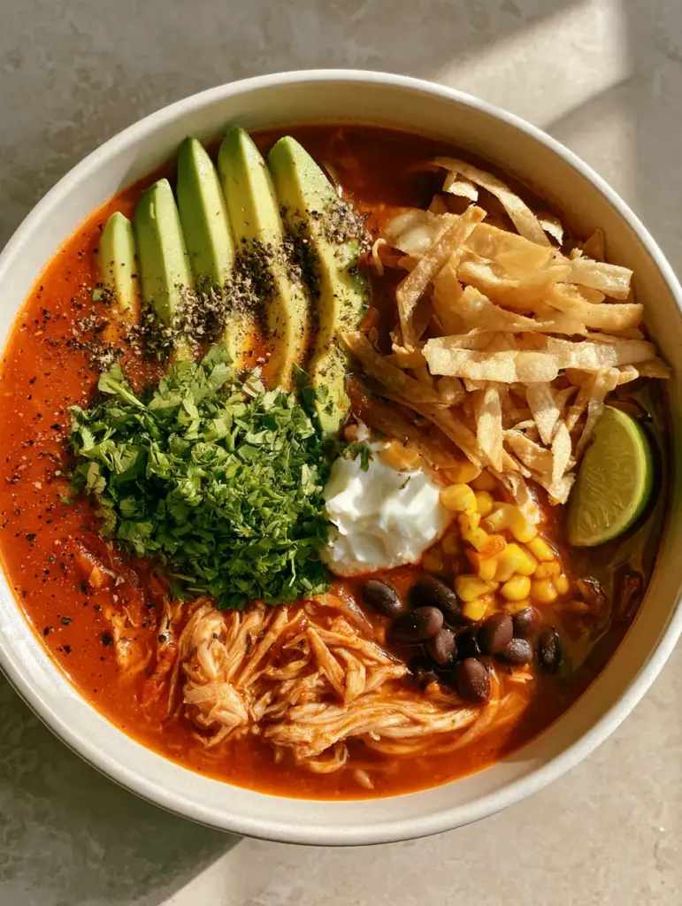Easy Chicken Tortilla Soup: The Ultimate 30-Minute Dinner 2 Close up of vibrant reddish-orange broth in Easy Chicken Tortilla Soup with visible black beans and corn.