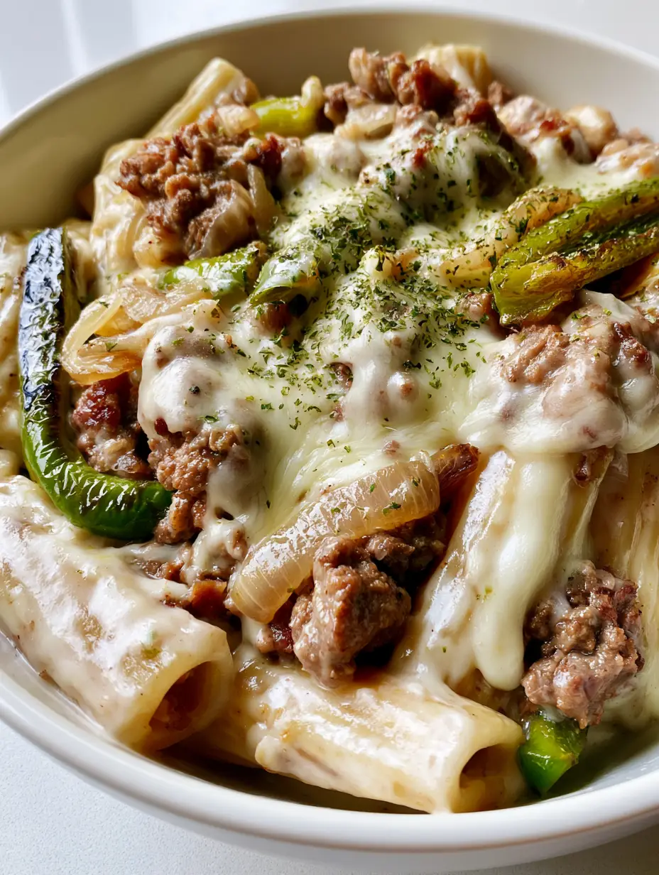 Philly Cheesesteak Pasta with Creamy Provolone Sauce 3 A smartphone photo of a white bowl filled with creamy Philly Cheesesteak Pasta, showing glossy white sauce and tender green bell pepper strips.