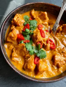A handheld smartphone photo showing the creamy texture of Coconut Chicken Curry with tender chicken breast chunks.