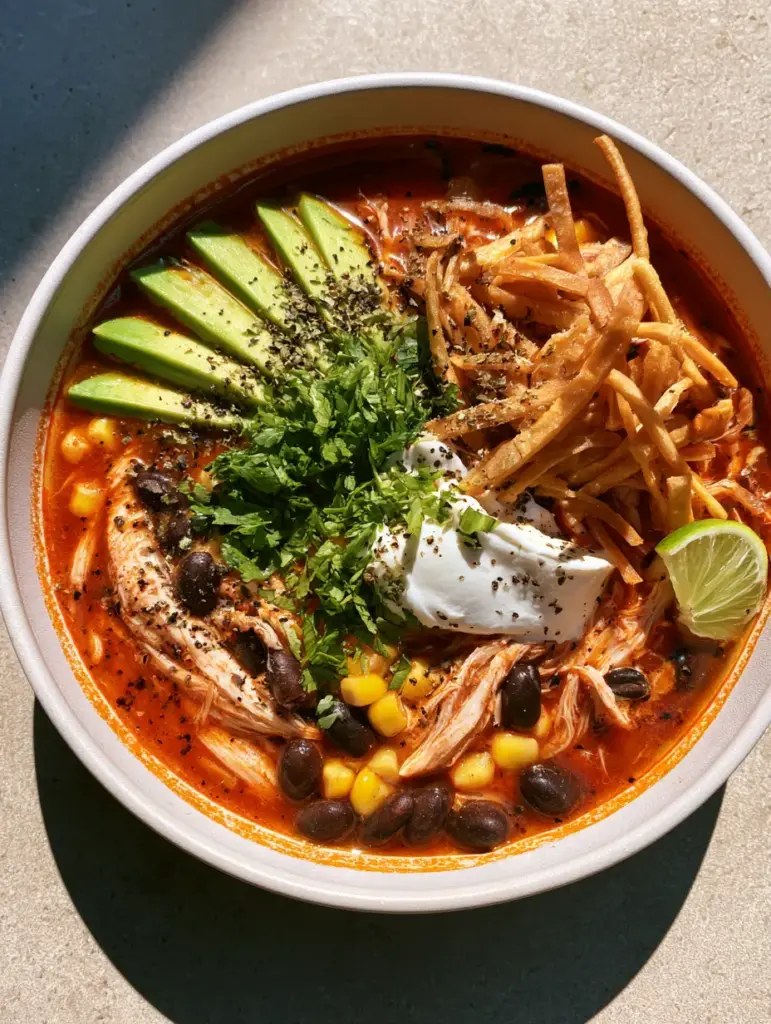 Easy Chicken Tortilla Soup: The Ultimate 30-Minute Dinner 1 Bowl of Easy Chicken Tortilla Soup topped with fanned avocado and golden-brown tortilla strips.