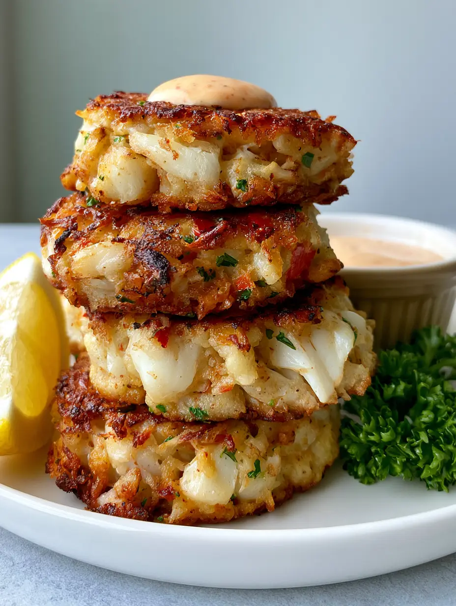 Copycat Joe's Crab Shack Crab Cakes with Creamy Remoulade 3 Close up of pan-fried lump crab cakes showing visible large chunks of white lump crab meat and red bell pepper flecks. (Copycat Joe's Crab Shack Crab Cakes)