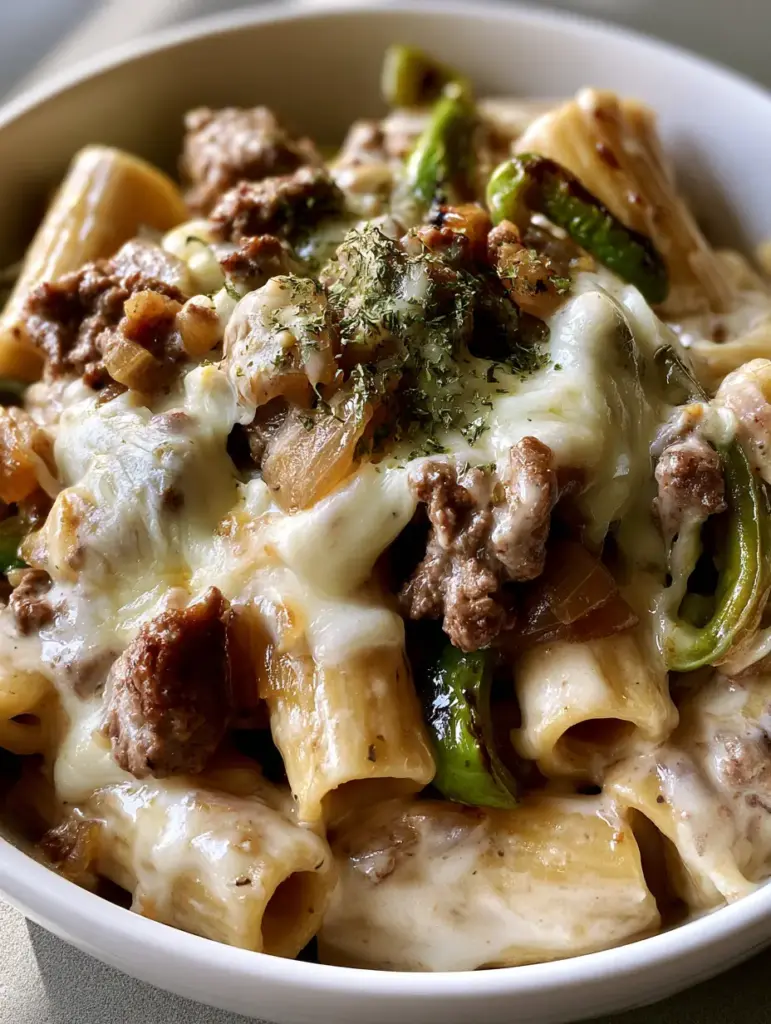 Philly Cheesesteak Pasta with Creamy Provolone Sauce 1 Close up of Philly Cheesesteak Pasta with melted mozzarella and browned ground beef crumbles mixed with translucent onions.