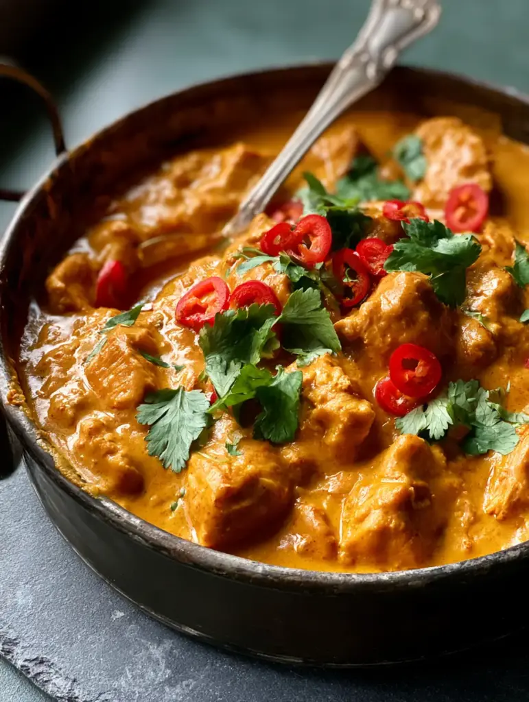 Coconut Chicken Curry: Creamy, One-Pot 30-Minute Dinner 1 Coconut Chicken Curry served in a rustic metal balti bowl with a vintage silver spoon and fresh garnishes.