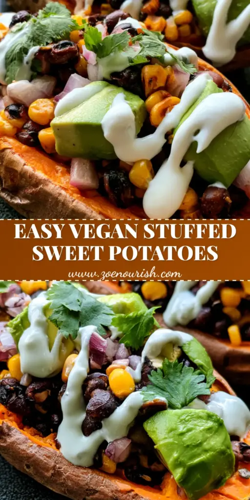 Healthy Stuffed Sweet Potatoes with Black Beans and Avocado 4 Two roasted Healthy Stuffed Sweet Potatoes halves filled with black beans, corn, and avocado on a charcoal ceramic plate.