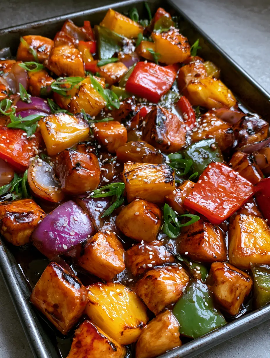 Hawaiian Chicken Sheet Pan with Caramelized Pineapple and Teriyaki Glaze 3 Close up of bite-sized chicken cubes with dark amber glaze and caramelized pineapple on a sheet pan. (Hawaiian Chicken Sheet Pan)
