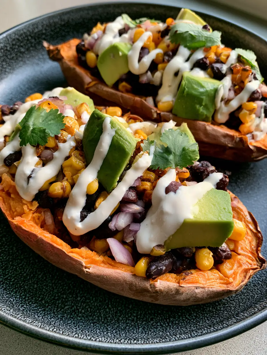 Healthy Stuffed Sweet Potatoes with Black Beans and Avocado 3 Close up handheld photo of Healthy Stuffed Sweet Potatoes showing shriveled skin and bright orange interior.