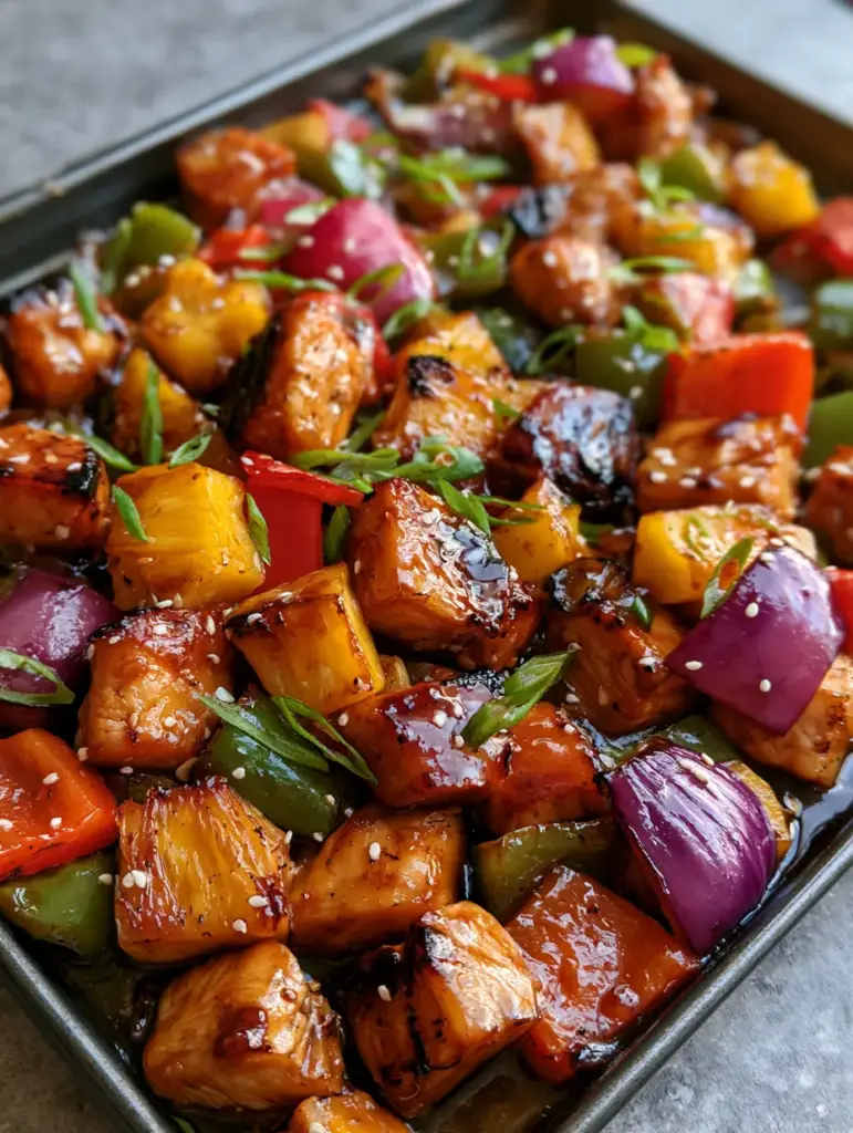 Hawaiian Chicken Sheet Pan with Caramelized Pineapple and Teriyaki Glaze 1 A dark metal sheet pan filled with roasted Hawaiian chicken, red peppers, and green onions. (Hawaiian Chicken Sheet Pan)