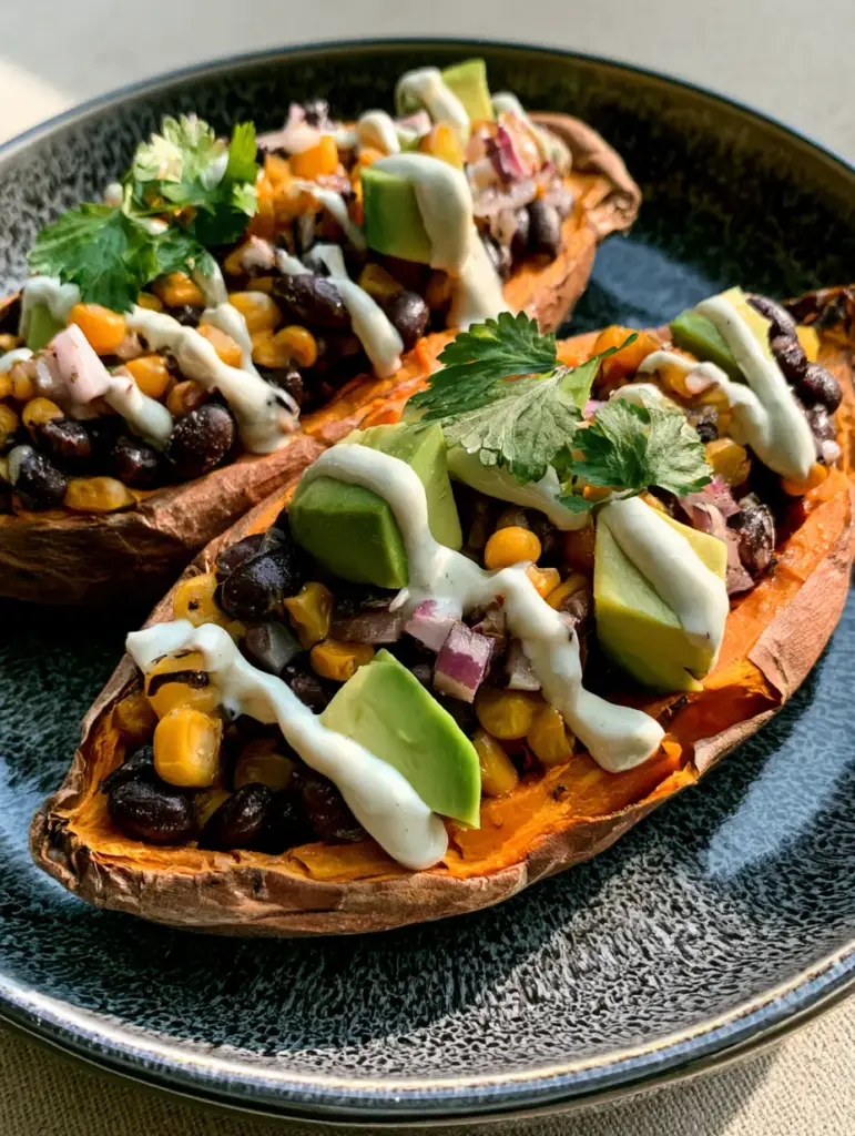 Healthy Stuffed Sweet Potatoes with Black Beans and Avocado 1 Top down view of Healthy Stuffed Sweet Potatoes drizzled with cilantro-lime crema on a dark plate.