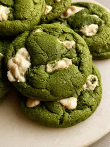 Close-up of a stack of thick matcha green tea cookies showing a cracked crinkle-top texture and white chocolate chunks. (Matcha White Chocolate Cookies)