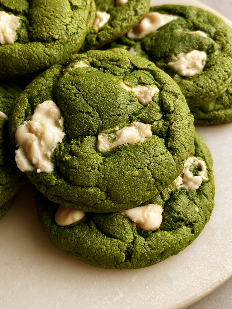 Matcha White Chocolate Cookies with Browned Butter 4 Close-up of a stack of thick matcha green tea cookies showing a cracked crinkle-top texture and white chocolate chunks. (Matcha White Chocolate Cookies)