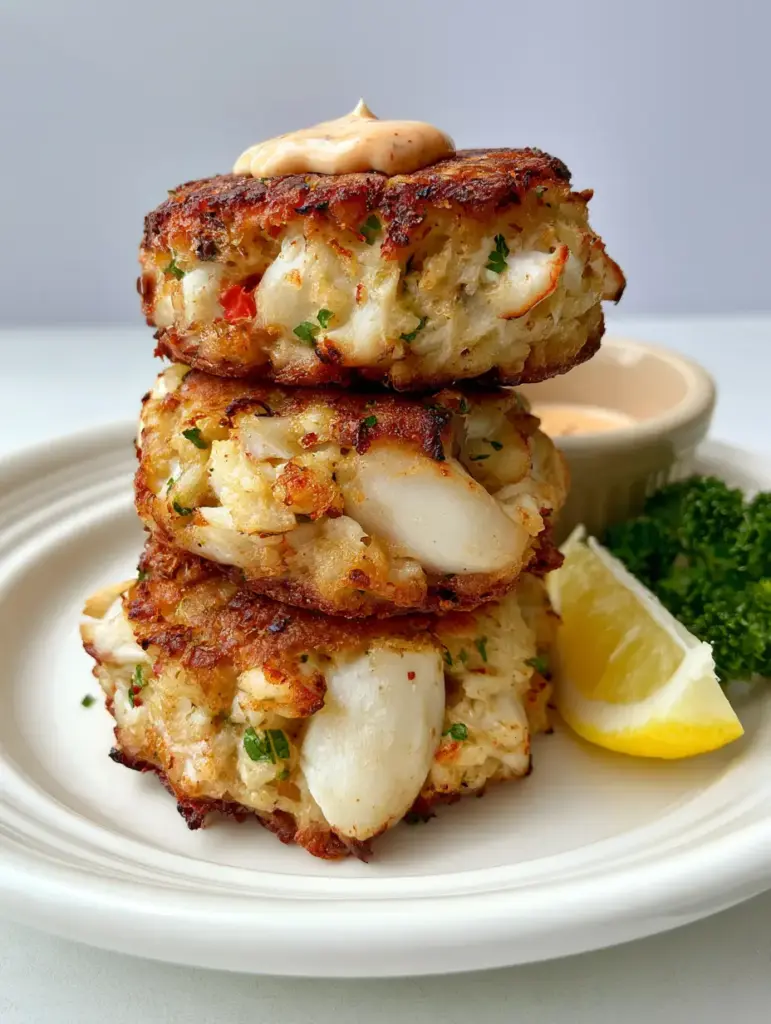 Copycat Joe's Crab Shack Crab Cakes with Creamy Remoulade 1 A stack of thick crab cakes with charred edges and creamy orange remoulade sauce drizzled on top.