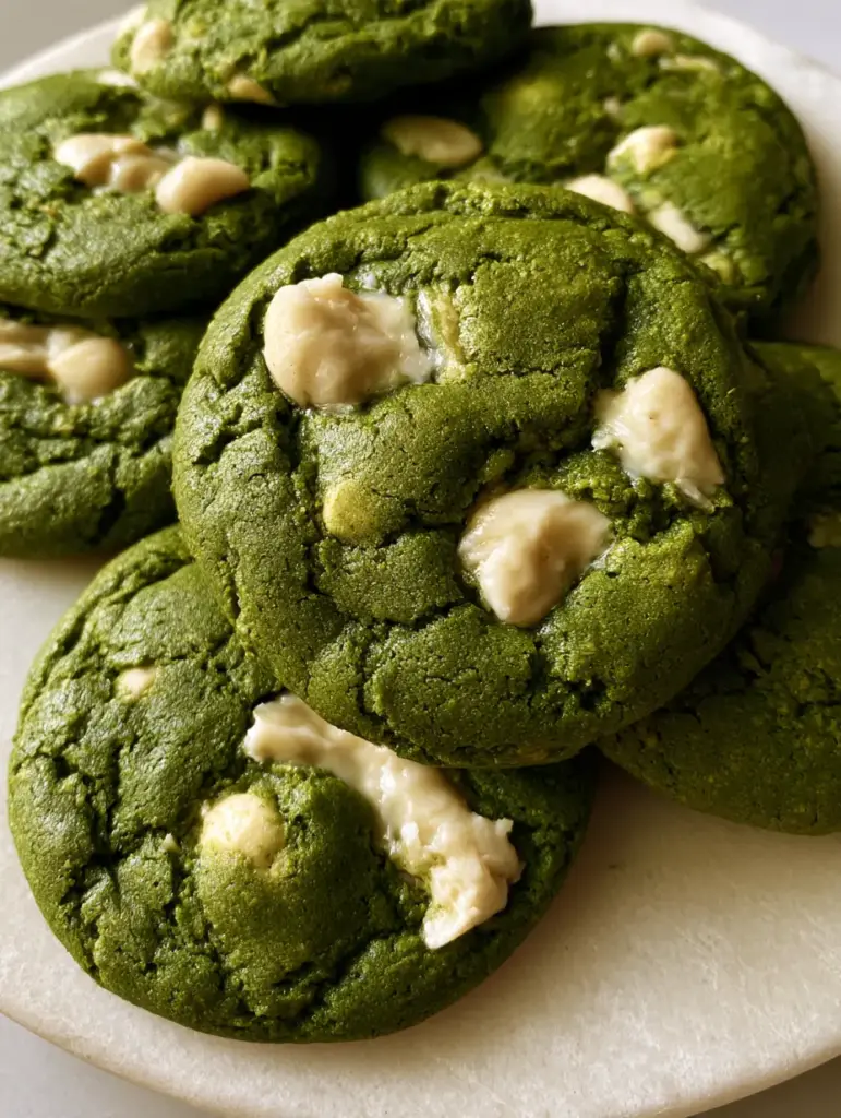 Matcha White Chocolate Cookies with Browned Butter 1 Detailed shot of melting white chocolate chunks on a vibrant green matcha cookie surface.