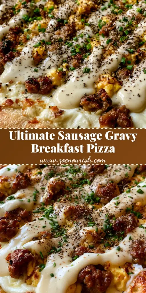 Breakfast Pizza with Country Gravy and Sausage 4 A close-up of a rustic Breakfast Pizza with golden-brown crust, sausage, eggs, and a white gravy drizzle on a wooden board.