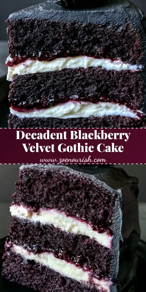 A tall slice of Blackberry Velvet Gothic Cake on a matte black plate, showing dark purple layers and white filling.
