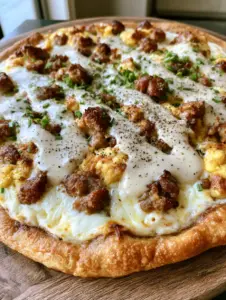 Handheld photo of a bubbly Breakfast Pizza featuring melted mozzarella and browned sausage crumbles.