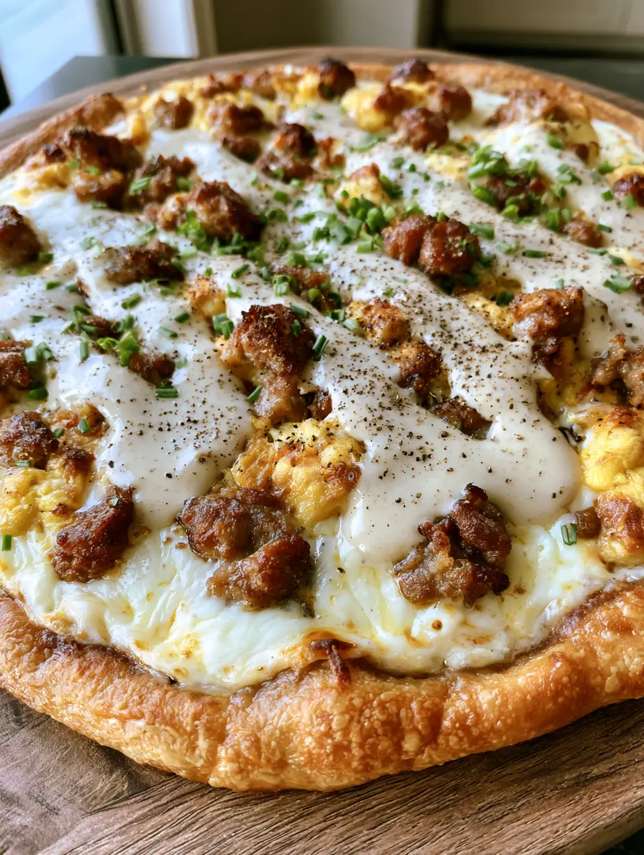 Breakfast Pizza with Country Gravy and Sausage 3 Handheld photo of a bubbly Breakfast Pizza featuring melted mozzarella and browned sausage crumbles.