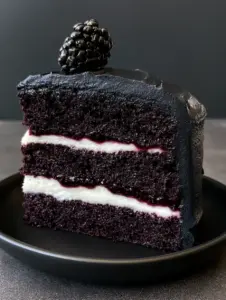 Side profile of a Blackberry Velvet Gothic Cake slice showing three dark purple sponge layers and bright white cream filling.