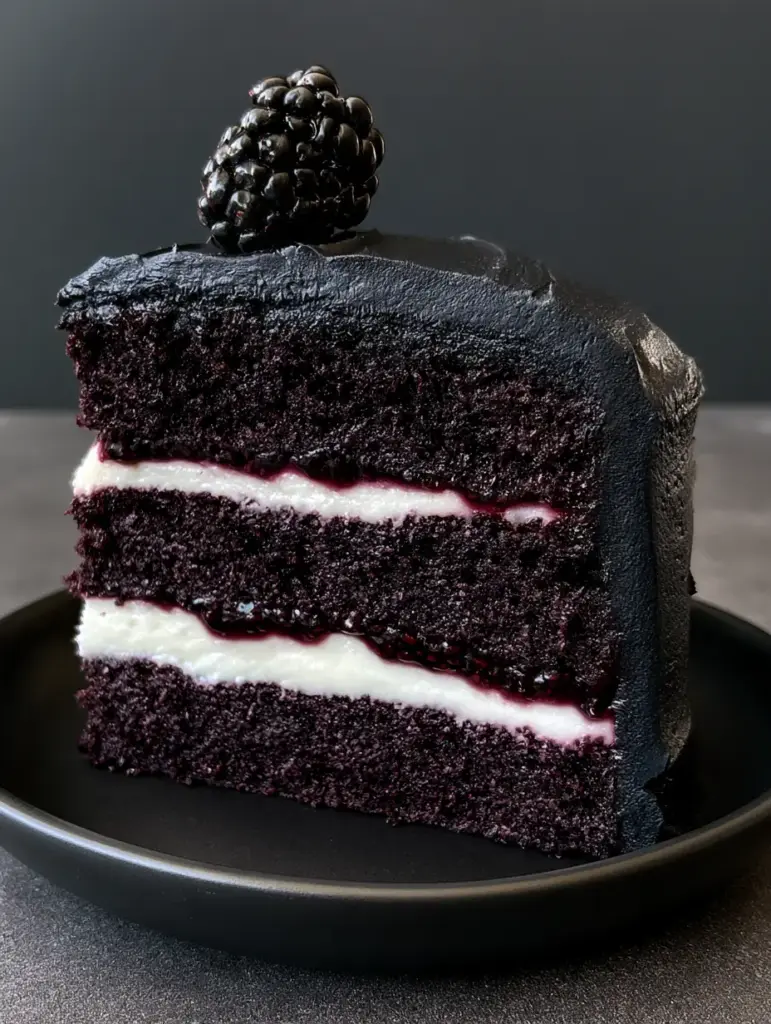Side profile of a Blackberry Velvet Gothic Cake slice showing three dark purple sponge layers and bright white cream filling.