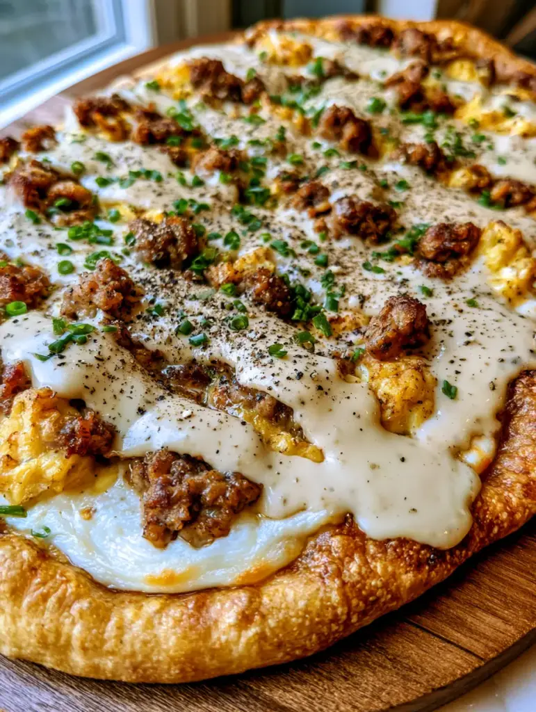 Breakfast Pizza with Country Gravy and Sausage 1 Top down view of Breakfast Pizza with white gravy zigzag, fresh chives, and cracked black pepper.