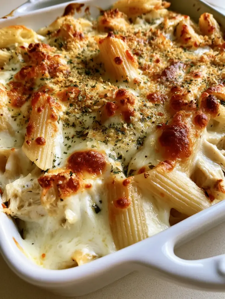 Cheesy Chicken Pasta Casserole with Golden Breadcrumb Topping 2 Close-up of ridged penne pasta and shredded chicken coated in a thick, glossy white sauce in a white ceramic dish. (Cheesy Chicken Pasta Casserole)