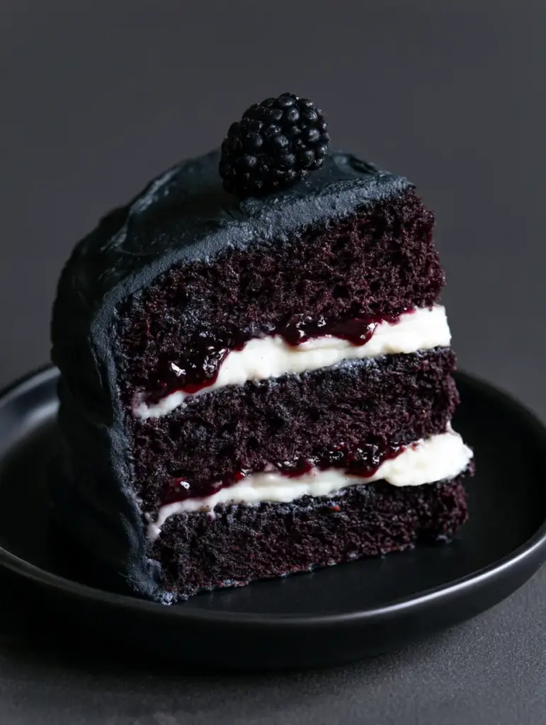 Matte black buttercream frosting on the exterior of the Blackberry Velvet Gothic Cake with a single blackberry garnish.