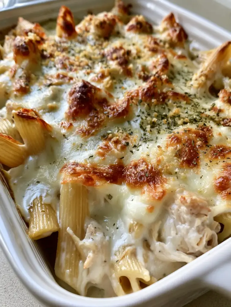 Cheesy Chicken Pasta Casserole with Golden Breadcrumb Topping 1 A close-up shot of the toasted cheese bubbles and golden breadcrumb topping on a chicken pasta casserole.