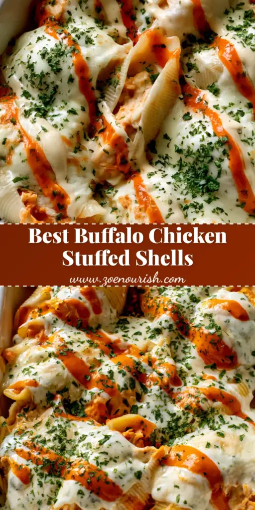 Buffalo Chicken Stuffed Shells: The Ultimate Cheesy Comfort Food 3 A top-down view of a white ceramic dish filled with Buffalo Chicken Stuffed Shells, featuring melted mozzarella with golden patches, vibrant orange buffalo sauce drizzle, creamy ranch, and fresh parsley.