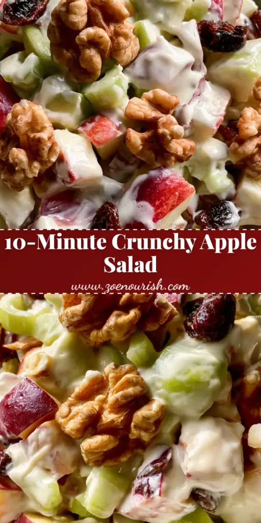 Apple Salad Recipe: The Ultimate Creamy Walnut and Celery Fruit Salad 4 A top-down shot of a creamy apple salad in a white bowl with red and green apple cubes, walnuts, and raisins. (Apple Salad Recipe)