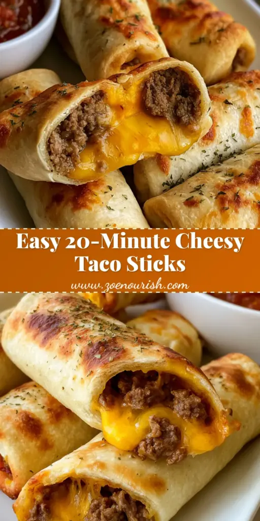 A handheld snap of Cheesy Taco Sticks showing the gooey melted yellow cheese and seasoned ground beef inside a golden-brown dough cylinder.