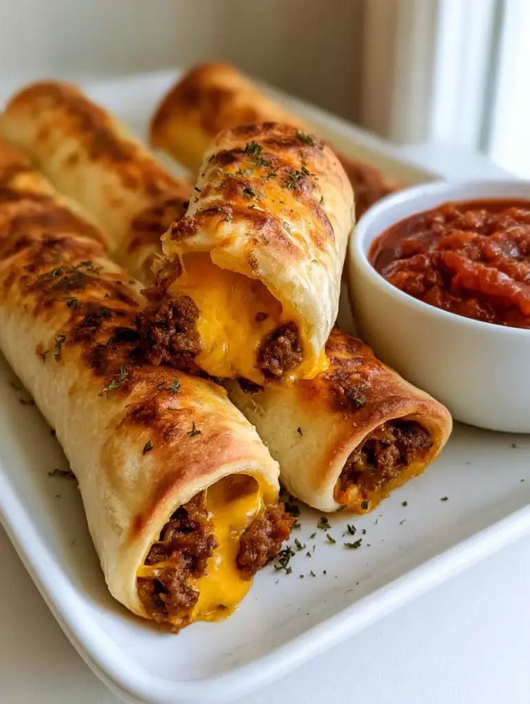 Two Cheesy Taco Sticks stacked next to a bowl of chunky red salsa.