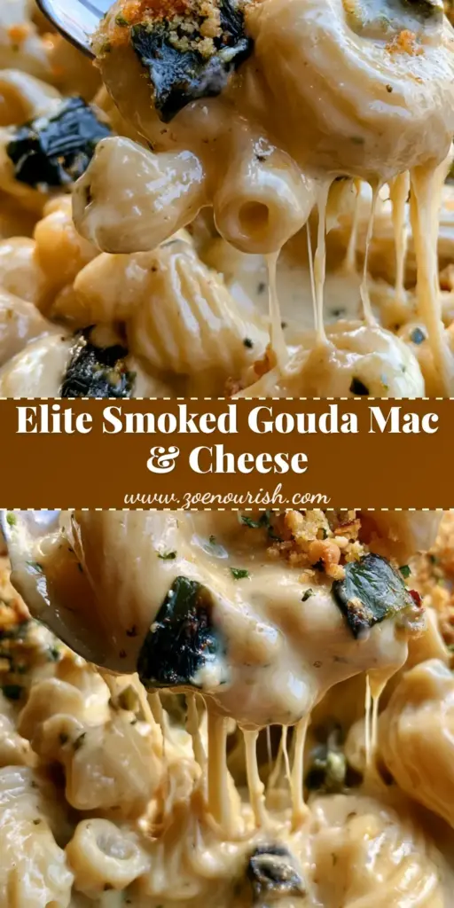 Smoked Gouda Mac and Cheese with Roasted Poblano Peppers 3 A top-down view of creamy Smoked Gouda Mac and Cheese topped with golden breadcrumbs and charred poblano peppers in a matte bowl.