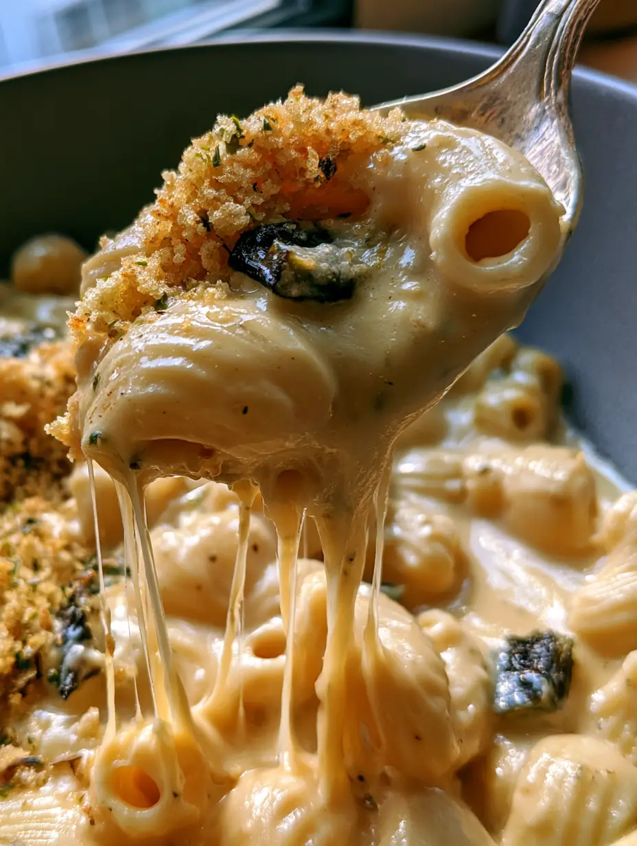 Smoked Gouda Mac and Cheese with Roasted Poblano Peppers 4 Handheld spoon lifting a portion of Smoked Gouda Mac and Cheese showing long cheese strings and ridged pasta.