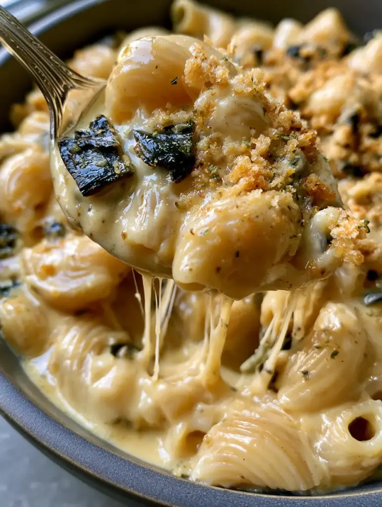 Smoked Gouda Mac and Cheese with Roasted Poblano Peppers 1 Close up of pale-yellow Smoked Gouda Mac and Cheese sauce with visible charred poblano pepper skins.