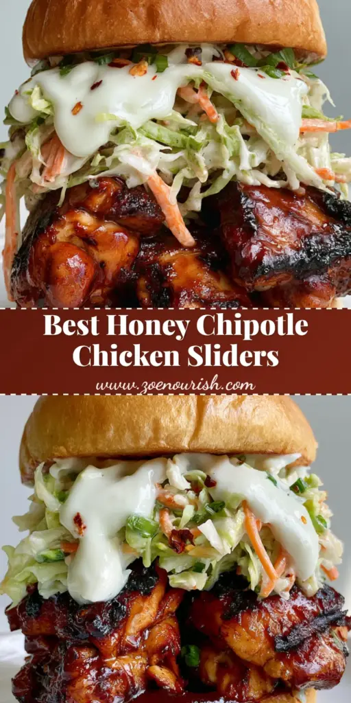A close-up of a Honey Chipotle Chicken Slider on a white plate, featuring glossy dark sauce, white garlic aioli drizzle, and a wooden pick.